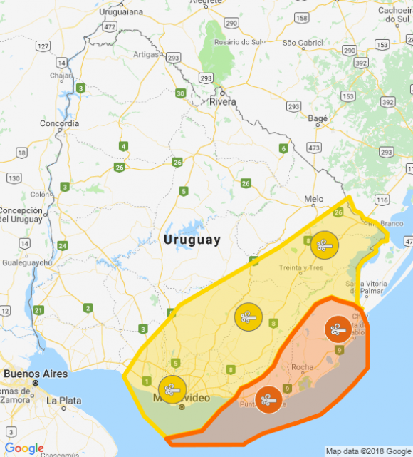 Alerta amarilla y naranja para el sur y este del país.