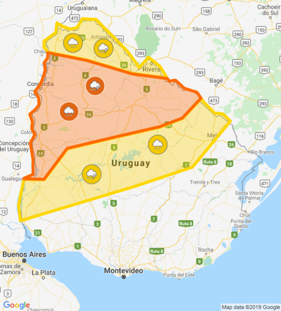 Advertencia naranja y amarilla por tormentas fuertes y lluvias intensas.