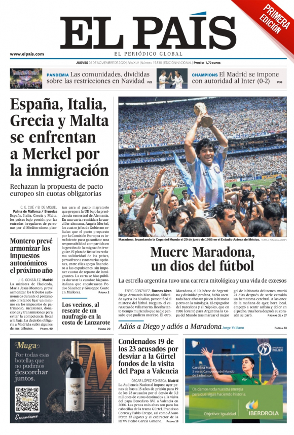 La muerte de Maradona ocupa las tapas de los principales diarios del mundo  - 25/11/2020 - EL PAÍS Uruguay